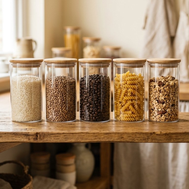 A pantry organised with jars and labels on show